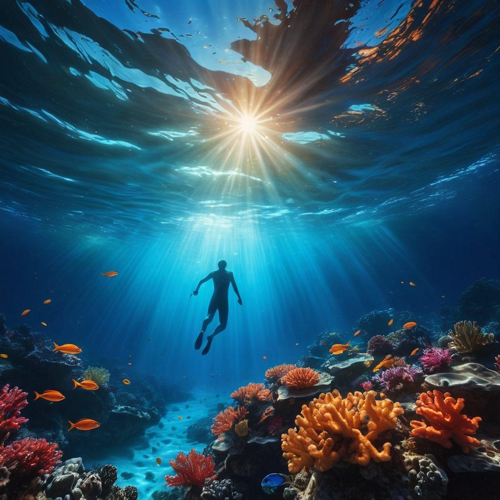 A serene underwater scene capturing a lone figure gracefully swimming through a deep blue ocean filled with vibrant coral reefs, symbolizing the journey through sorrow. Light beams break through the surface, illuminating the figure and creating a contrasting sense of hope and despair. Include swirling currents to represent emotional turbulence. super-realistic. vibrant colors. ethereal lighting.