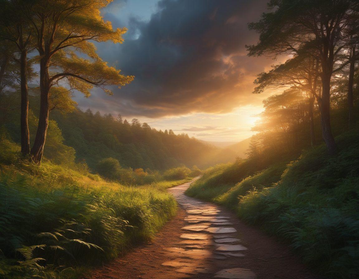 A serene landscape depicting a winding path through a lush forest, transitioning from dark stormy skies filled with heavy clouds on one side to a bright sunrise illuminating the other. On the path, a figure walks confidently, leaving shadows behind, symbolizing transformation and resilience. The contrast between sorrow and hope is highlighted with vibrant colors. digital painting. uplifting atmosphere. detailed textures.